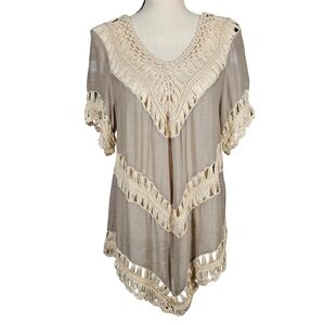 Umgee USA Crochet Boho Tunic Top, Taupe/Cream, Large
